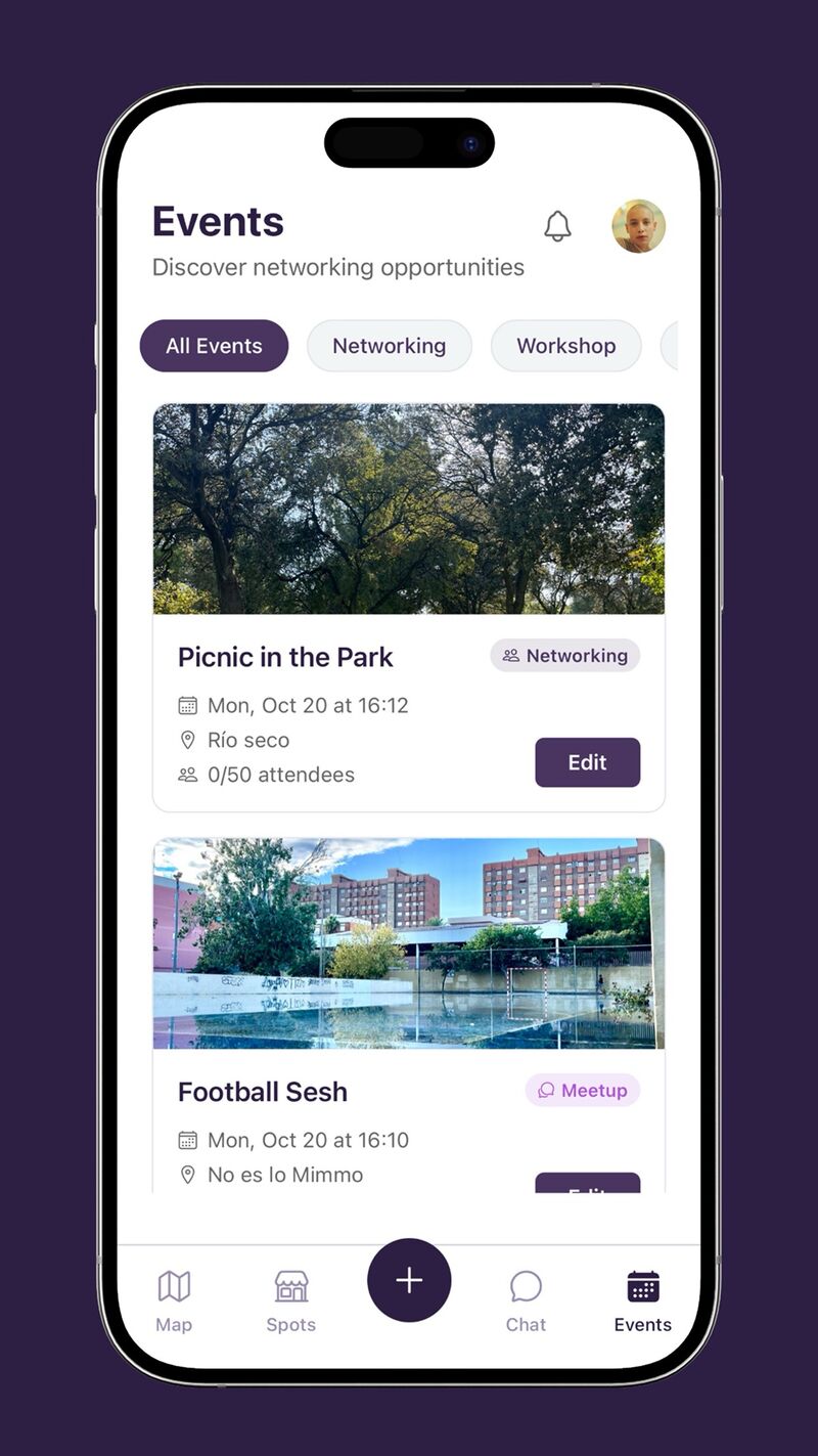 Events and networking screen
